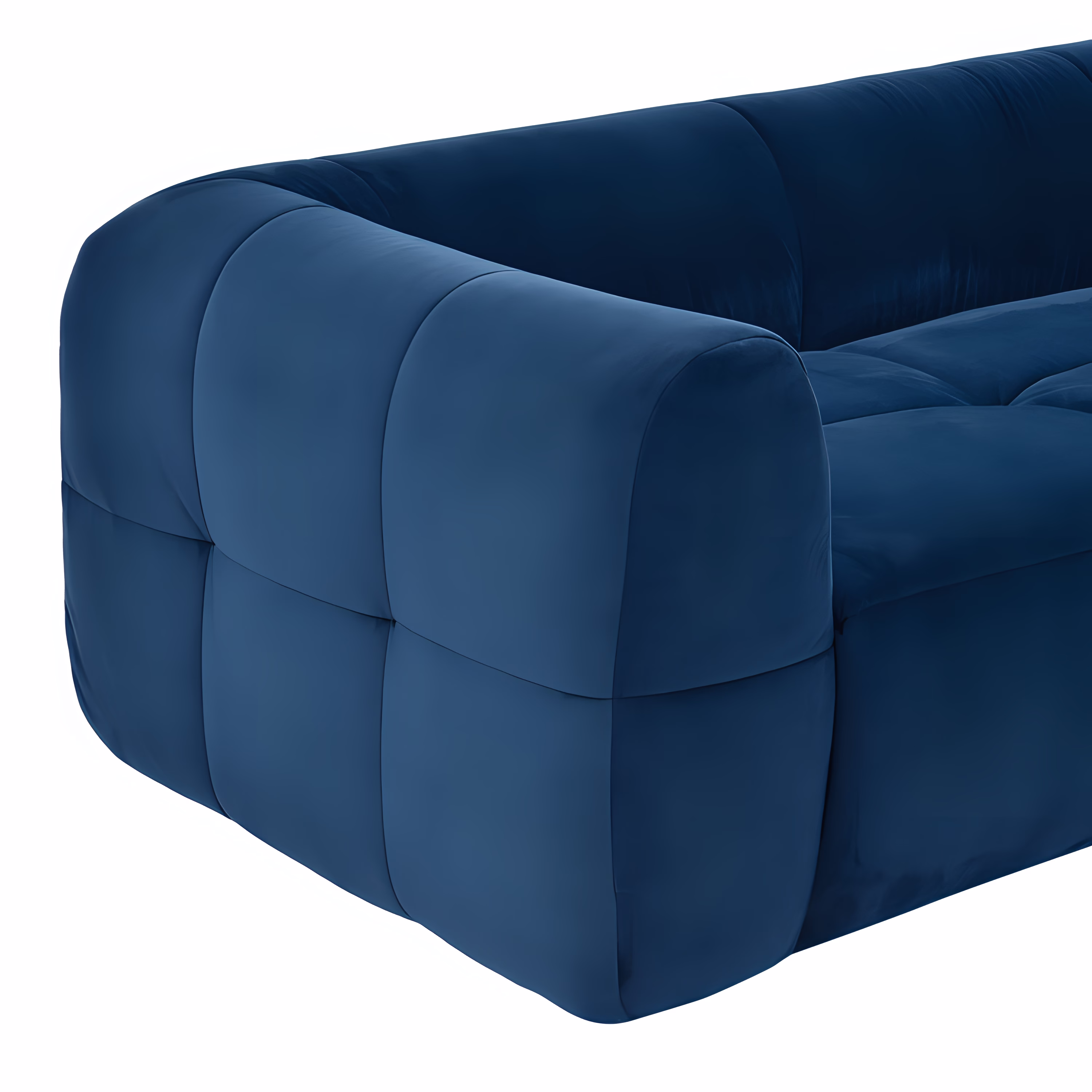 Sofá Tufty em veludo cor Azul Galáxia, Contemporâneo, detalhe aproximado dos gomos e do braço